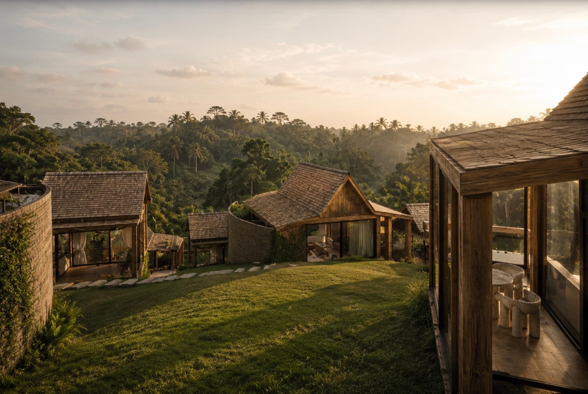 Aerial view of Maison Verde's Ironwood villas terraced across a green hillside above the Ubud jungle at golden hour