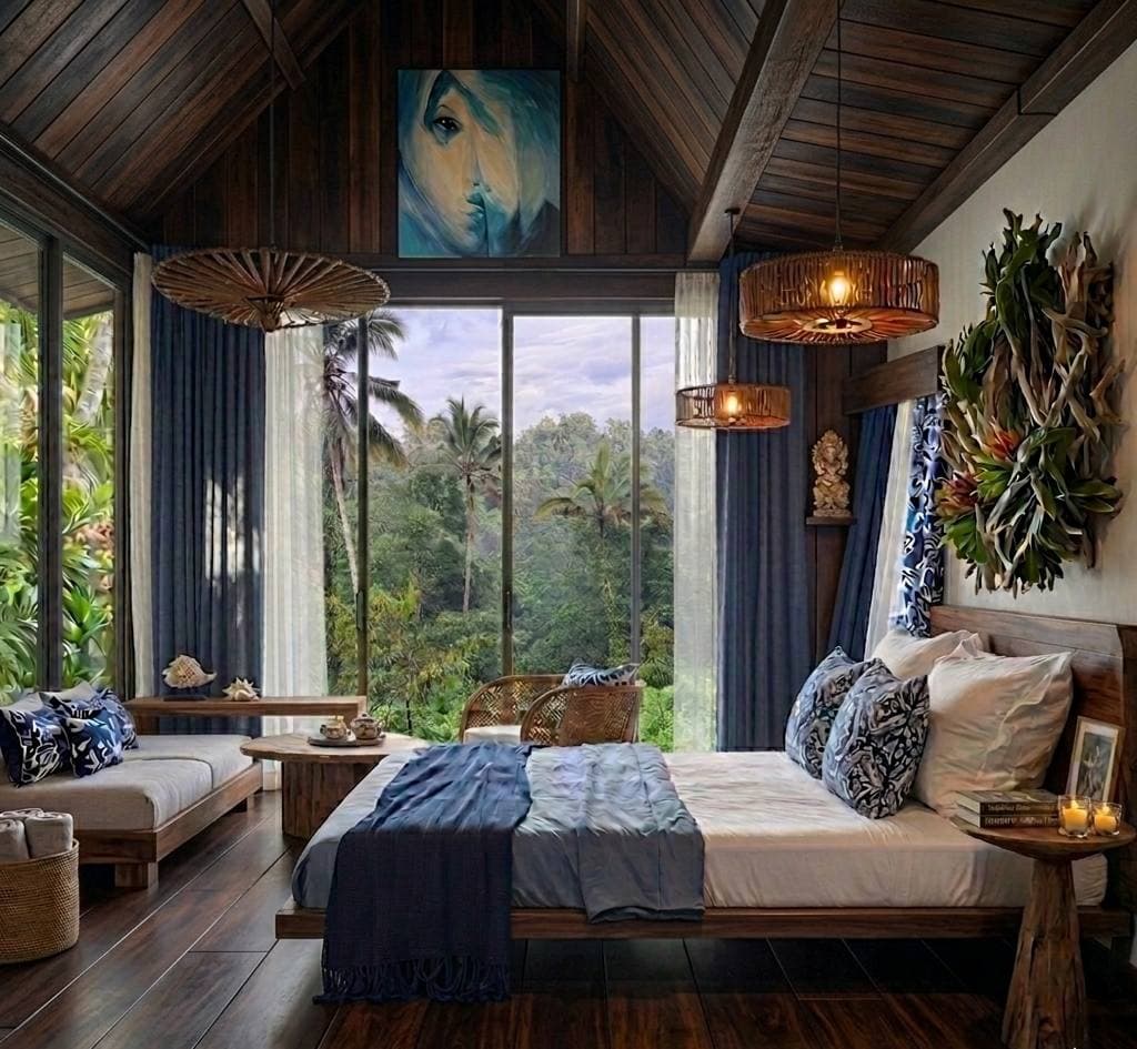 Bedroom opening onto the Ubud jungle and rice terraces at Maison Verde