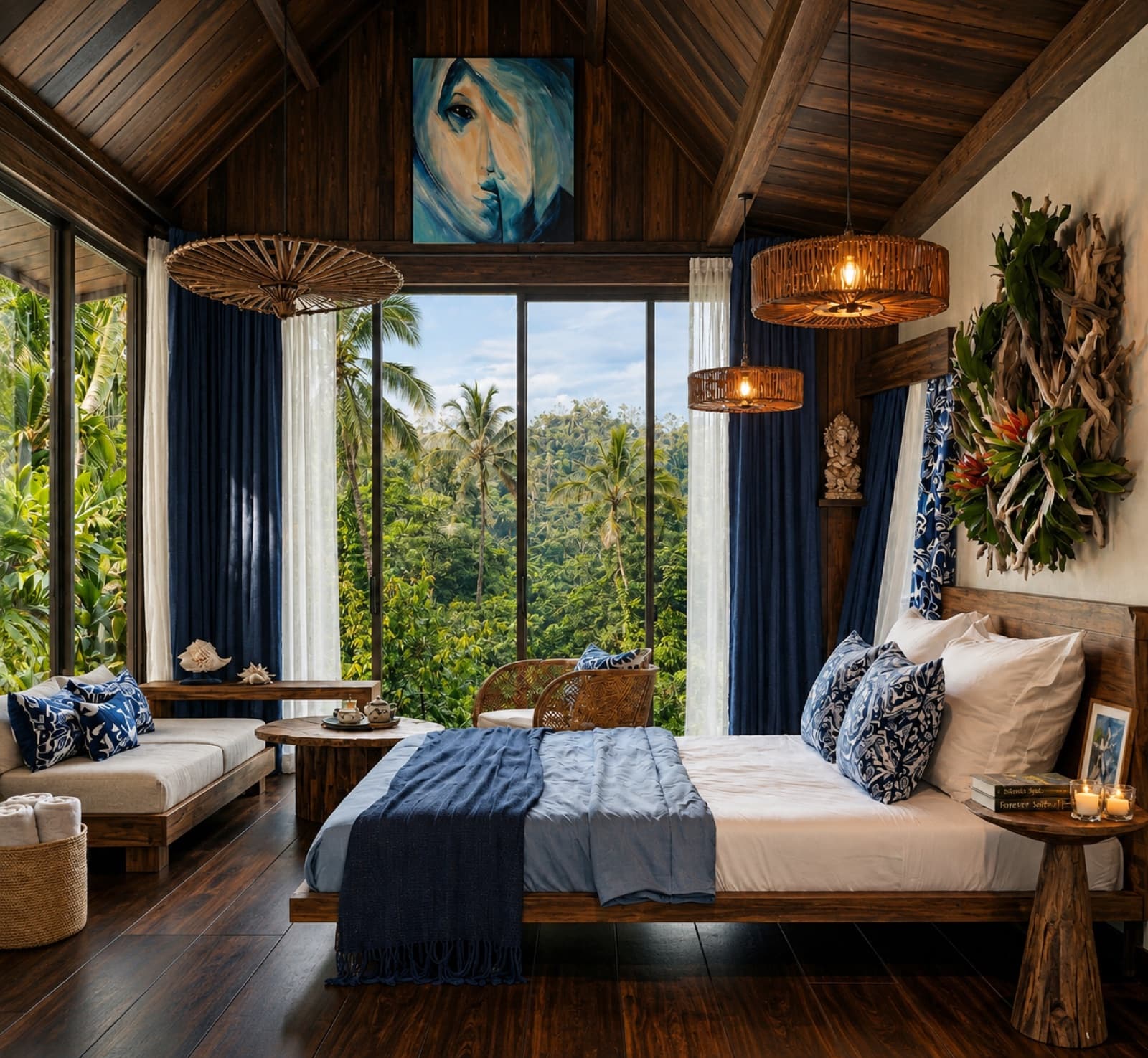 Master bedroom with a vaulted Ironwood ceiling opening through full-height glass onto the Ubud jungle
