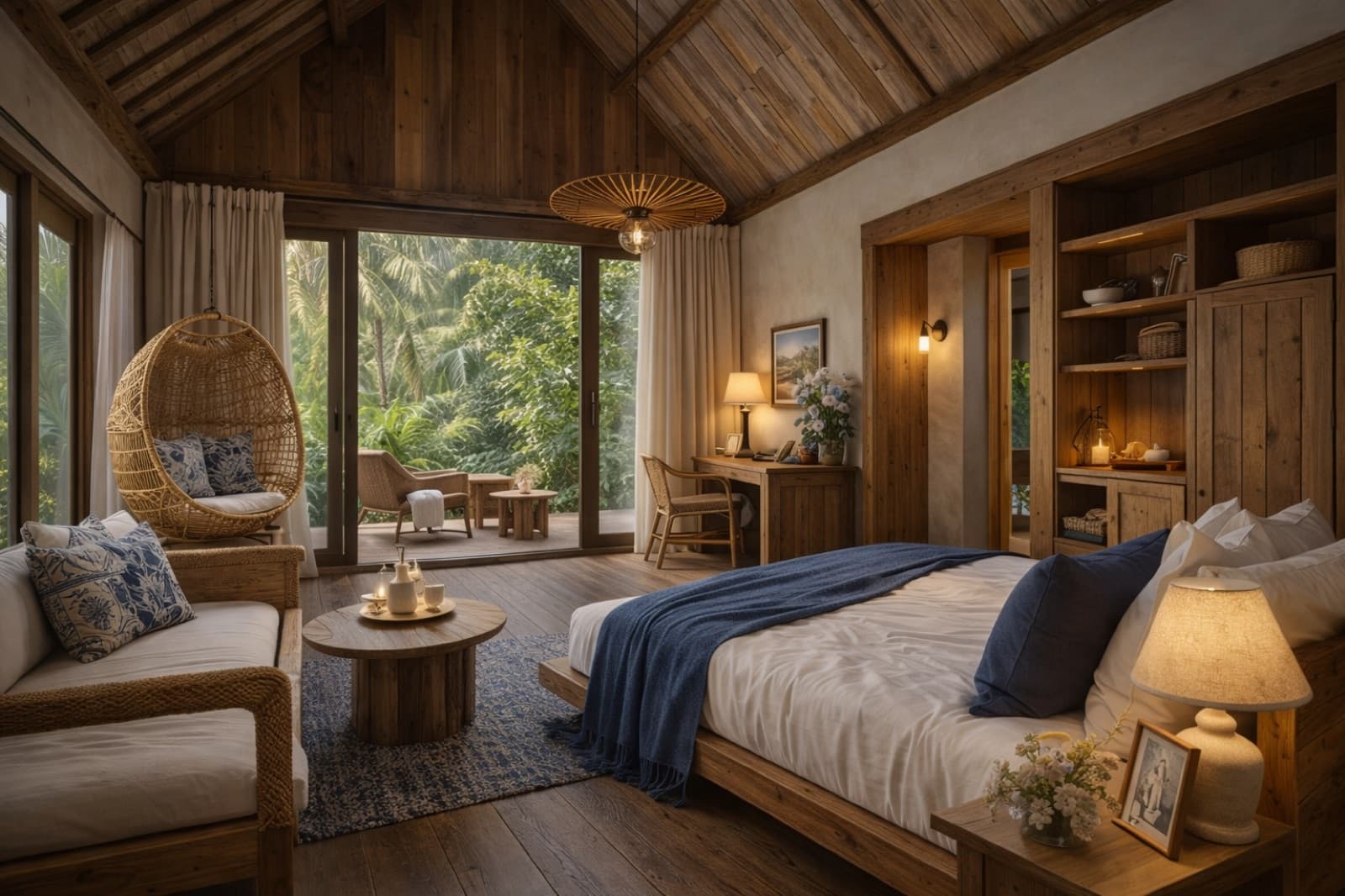Bedroom with a hanging rattan chair and a private terrace overlooking the jungle