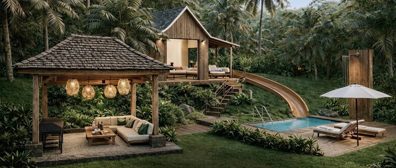 A private villa garden at dusk at Maison Verde — an open-sided Ironwood gazebo with woven-rattan pendant lanterns and a lounge sofa, a small plunge pool with a timber water slide and sun loungers, framed by the Ubud jungle