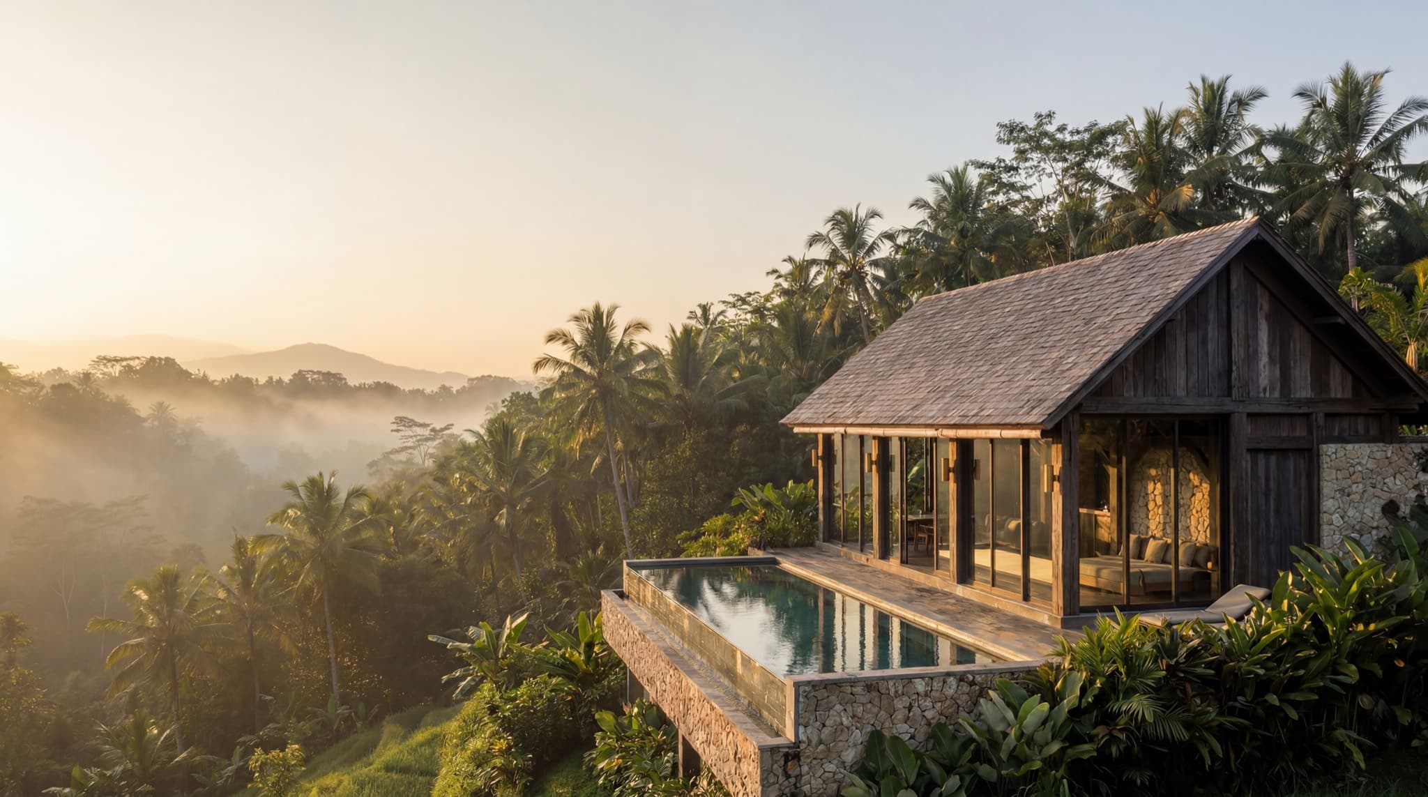 Ironwood jungle villa with a private infinity pool perched on a Tegalalang rice-terrace hillside above Ubud at golden hour, a misty valley and distant ridges beyond