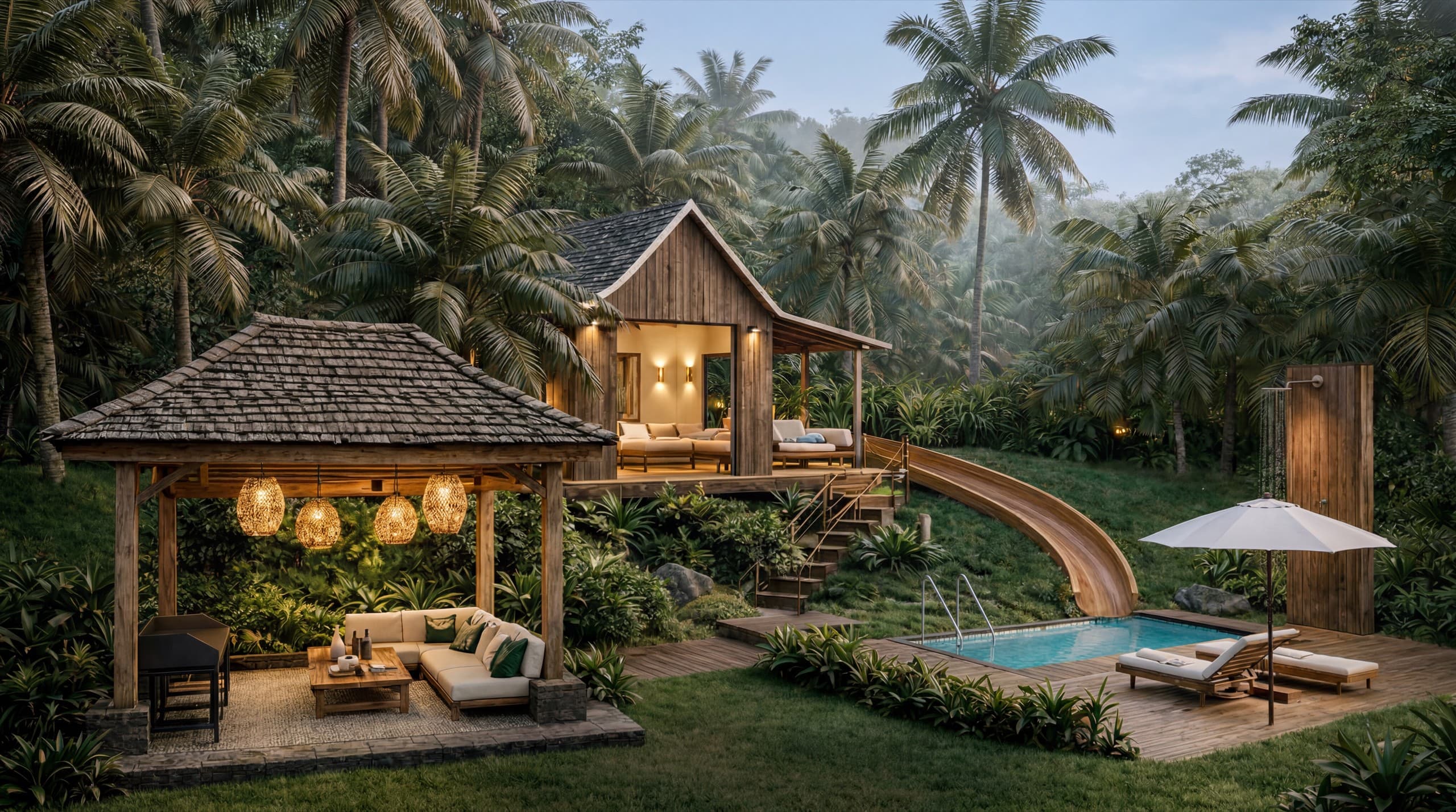 A private Ironwood villa at Maison Verde lit warm at dusk — an open-sided gazebo with woven-rattan pendant lanterns and a lounge sofa, a curved timber water slide into a plunge pool and sun loungers under a parasol, all framed by the dense Ubud palm jungle