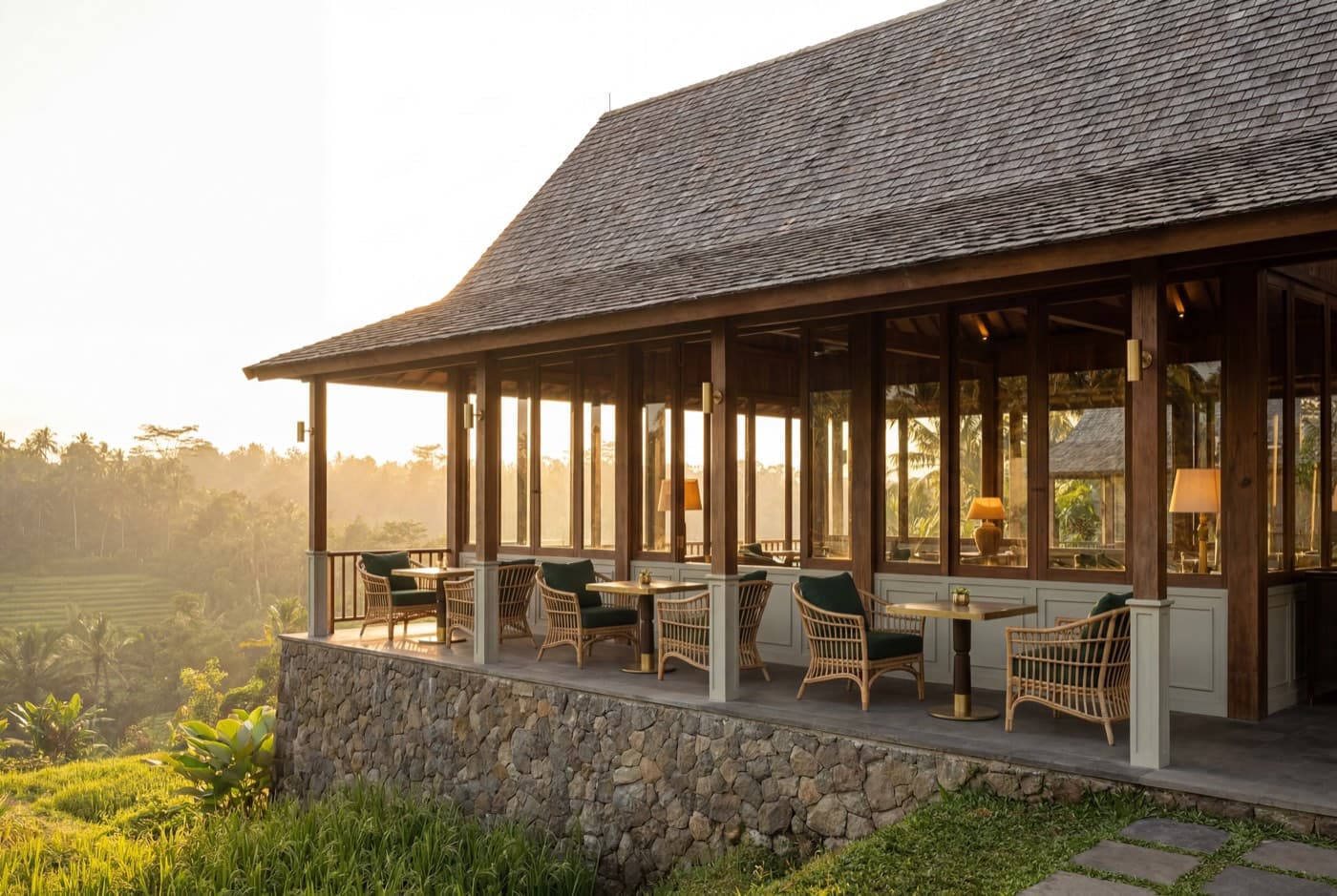 Open-air French café and breakfast pavilion in ironwood and glass with a shingle roof and rattan terrace seating, overlooking the Ubud rice terraces at golden hour