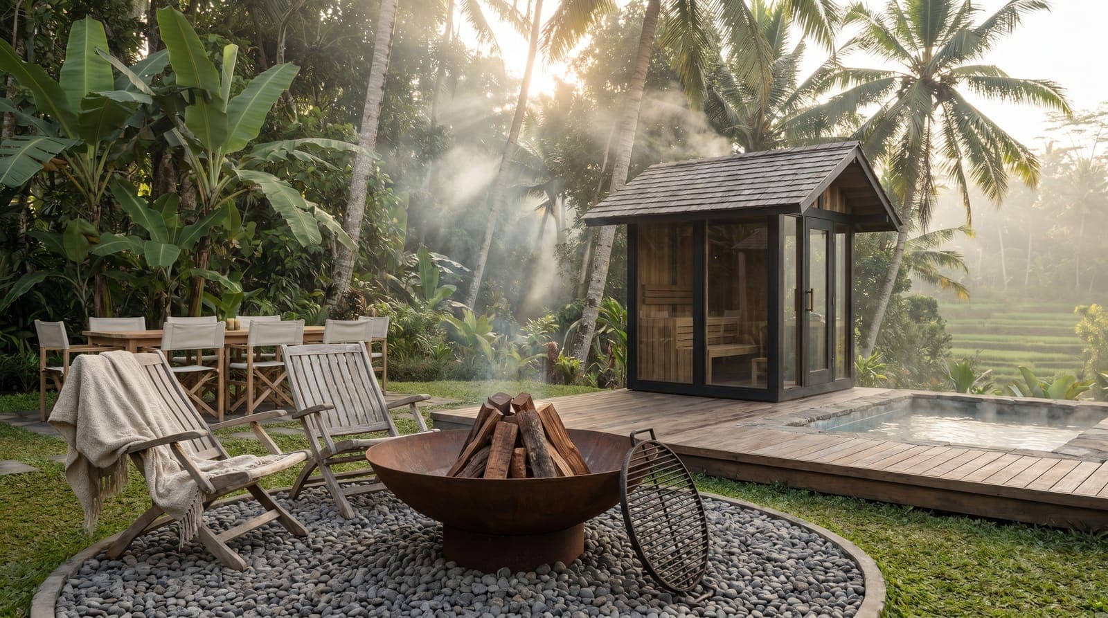 An outdoor fire-pit lounge at Maison Verde — a rusted Corten-steel fire bowl with stacked firewood on a circle of river pebbles, weathered teak deck chairs with a throw, and a low ironwood deck with a compact glass-and-timber sauna cabin and a round stone plunge pool, framed by the Ubud jungle and rice terraces at golden hour