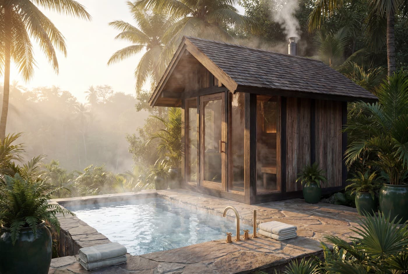 An ironwood sauna cabin with a steaming chimney beside a stone cold-plunge pool, among misty palms at golden hour
