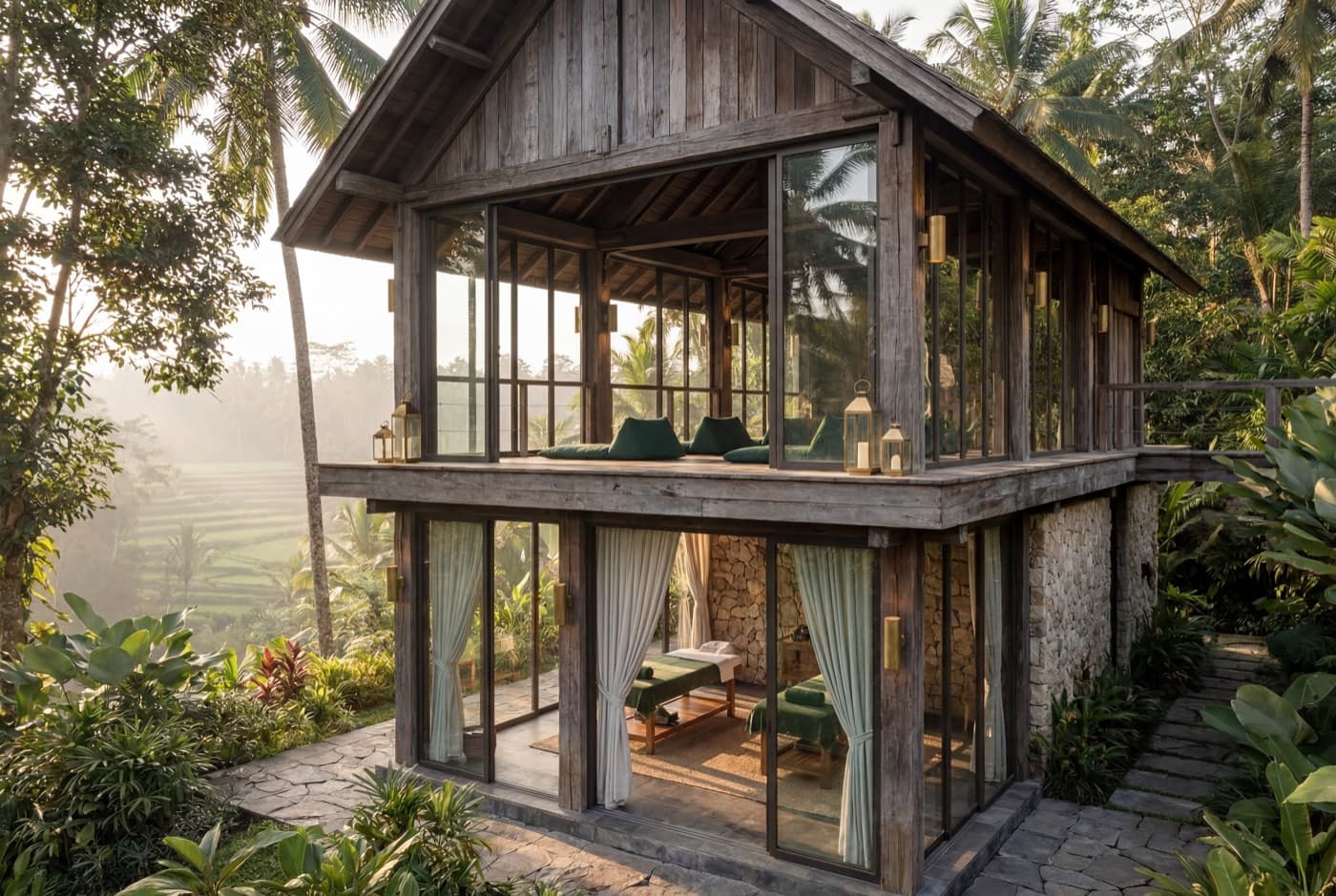 A two-storey ironwood-and-stone pavilion — a curtained massage room below and an open lecture and meditation hall above — among the Ubud rice terraces