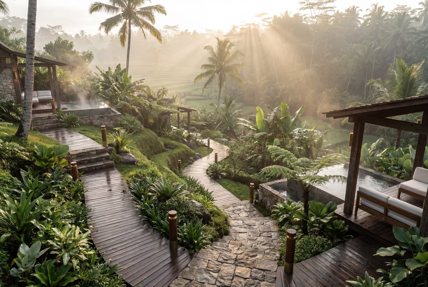Ironwood boardwalks and natural-stone steps winding between landscaped terraces, plunge pools and tropical planting in the morning mist