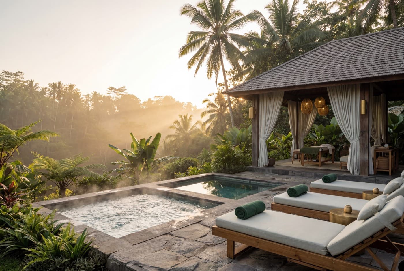 An outdoor spa terrace with hot and cold plunge pools, timber loungers and a curtained massage gazebo overlooking the jungle valley