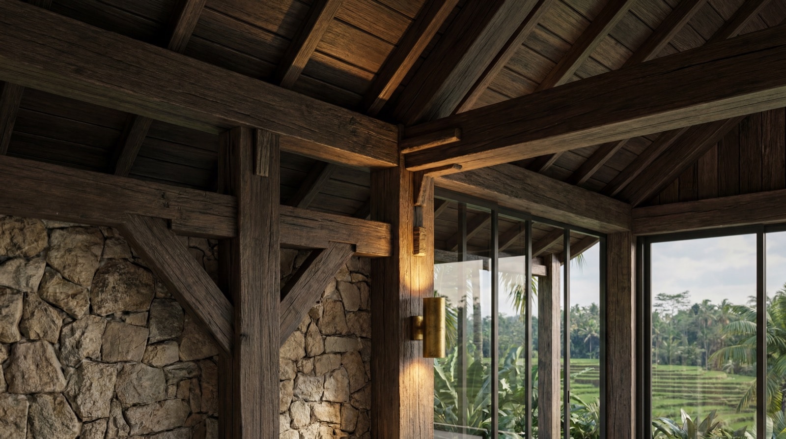 Finished ironwood interior at Maison Verde — a vaulted hardwood ceiling and exposed king-post timber truss meeting a natural-stone wall and full-height glass opening onto the Ubud rice terraces, with a brass wall light