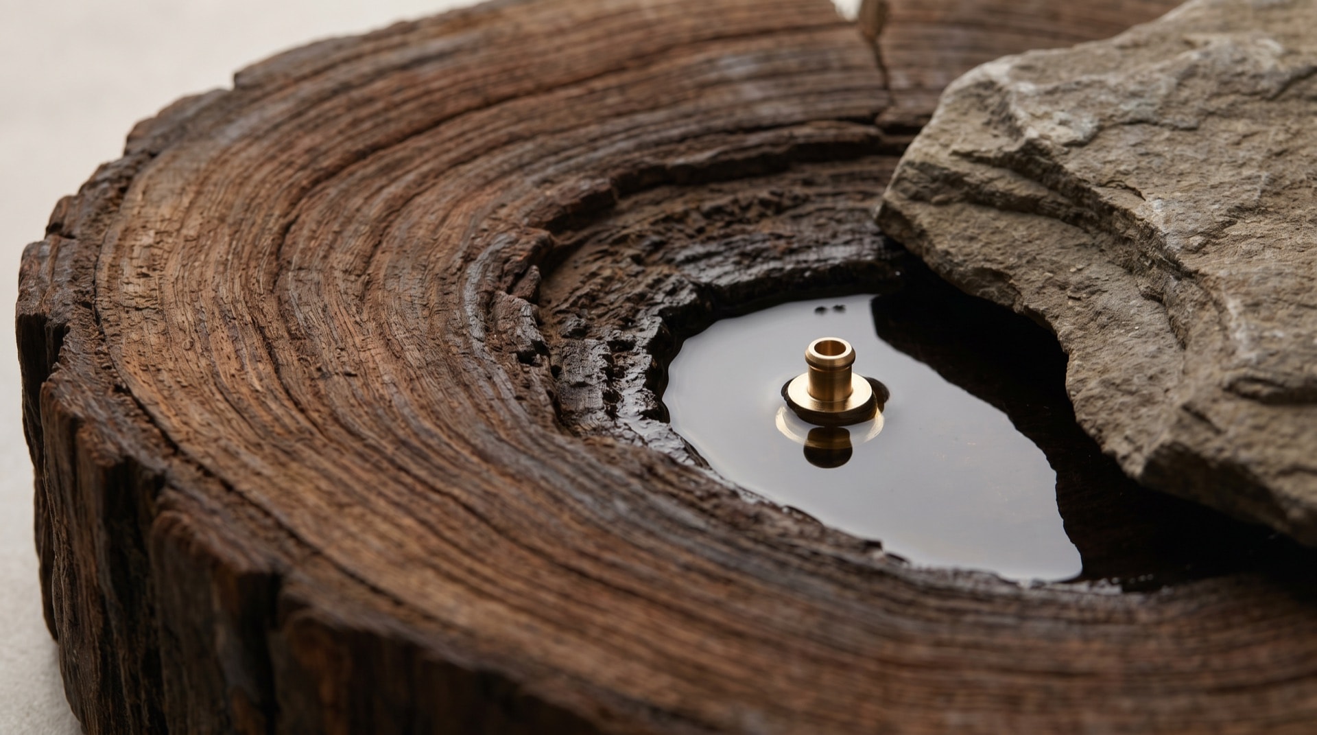 Close-up of ironwood (ulin) end grain — dense concentric growth rings beside natural stone and still water, with a small brass detail