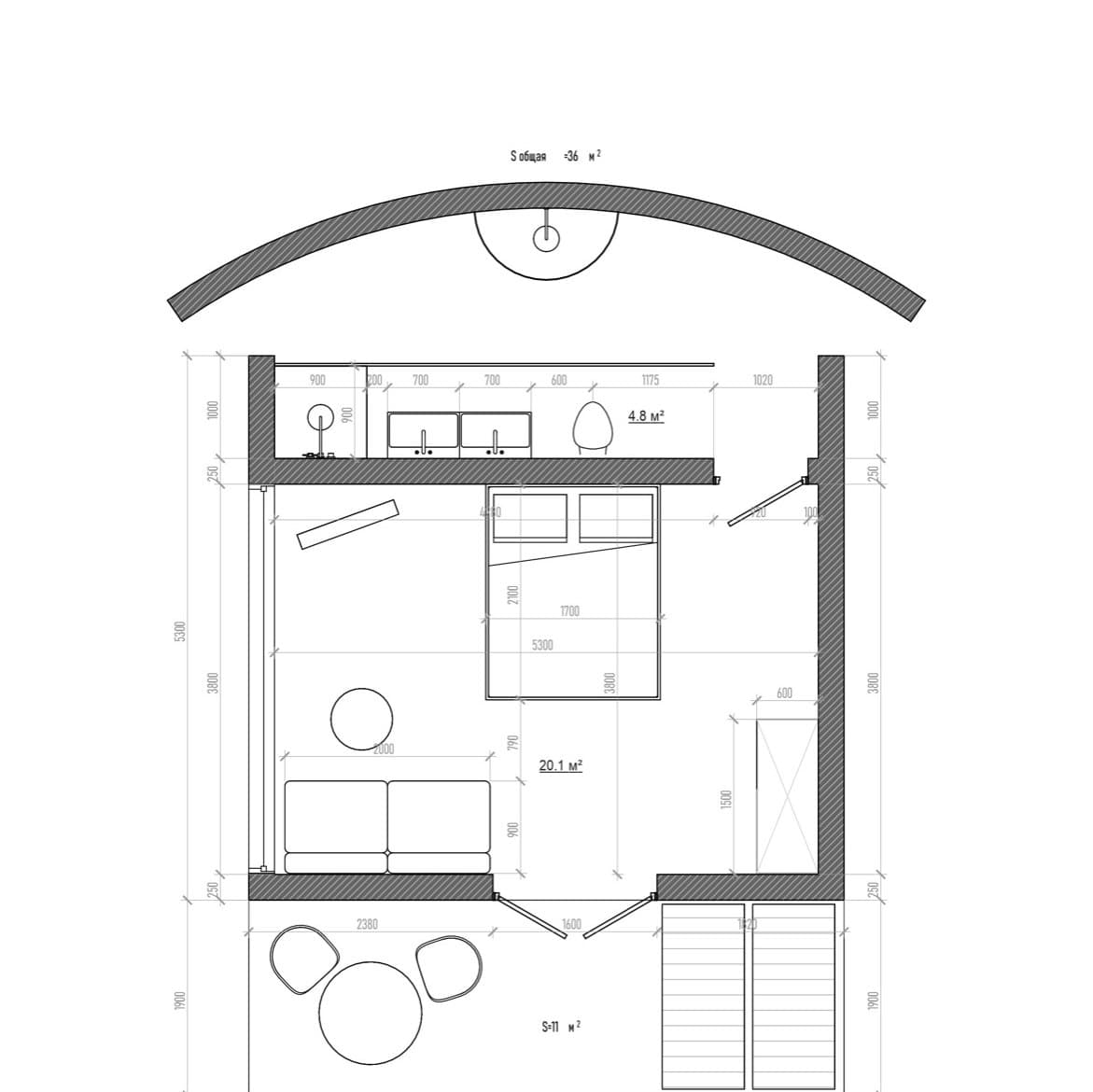 1-Bedroom villa floor plan — bedroom, en-suite bathroom, open living area and a covered terrace under the signature curved roof