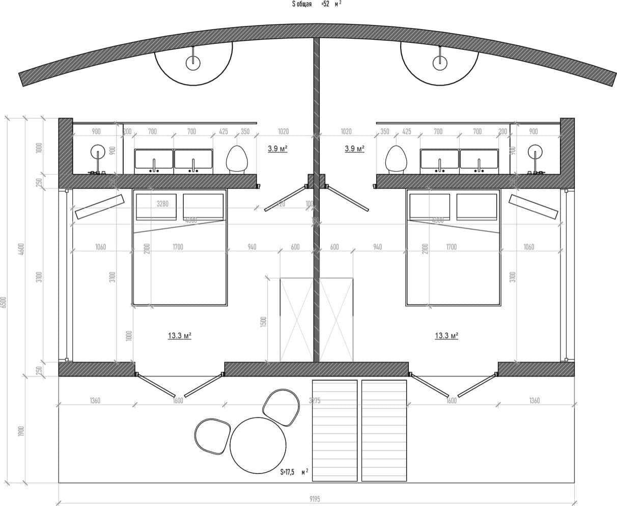 2-Bedroom villa floor plan — two bedrooms with en-suite bathrooms and a shared covered terrace under the signature curved roof