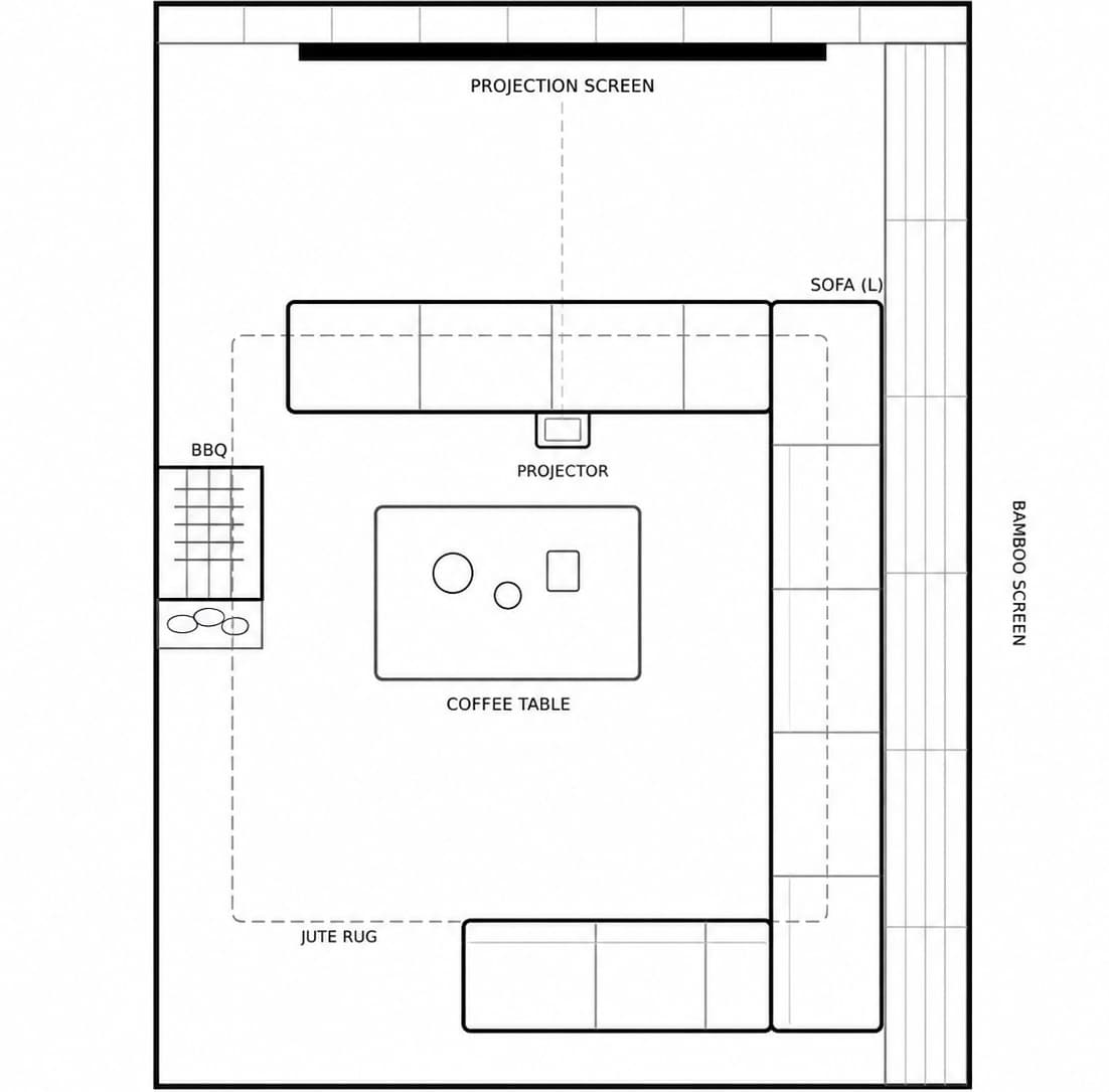 Maison Verde veranda living-room layout, 20 m² — projection screen, lounge seating, coffee table and an outdoor BBQ