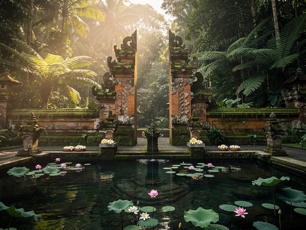 A moss-covered Balinese water temple with carved split gates, a lotus-filled holy spring and frangipani offerings in the Ubud jungle